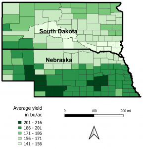Average grain corn yield map for the 2018 season, estimated by the ITK crop model for two American states: South Dakota and Nebraska.